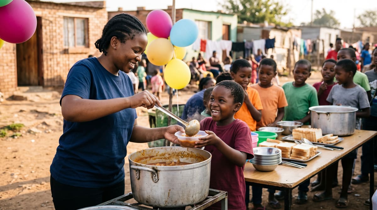 Volunteers serving hot meals to children at a community street meal
