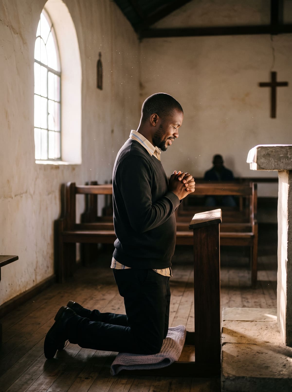 A man kneeling in quiet prayer in a sunlit chapel