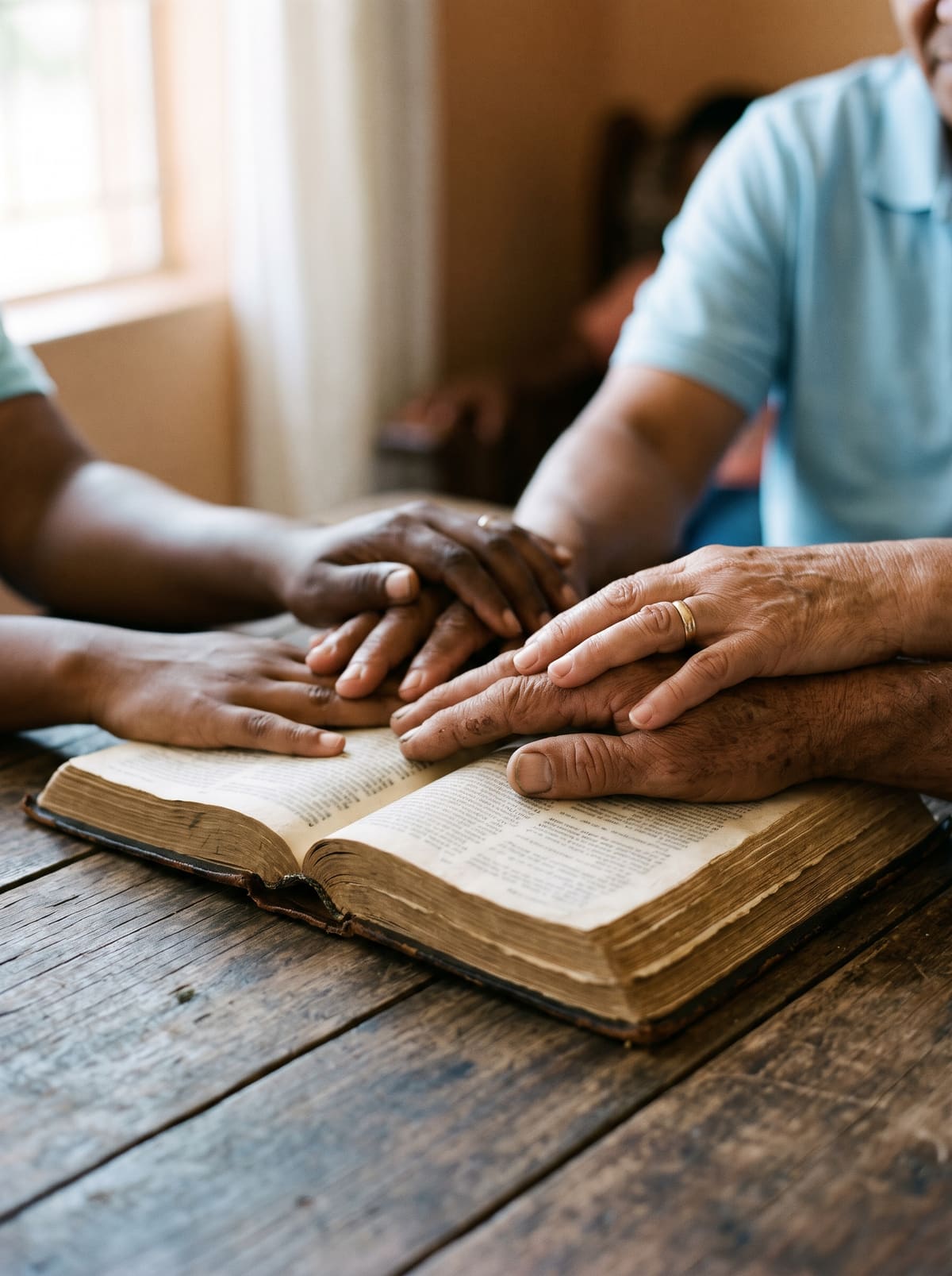 Hands of several generations resting on an open Bible